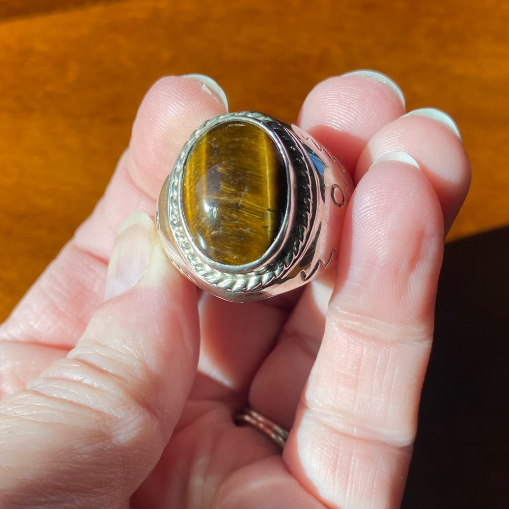 Mexico Silver Sterling Tiger Eye Size 14 Men’s Ring - Picture 4 of 9